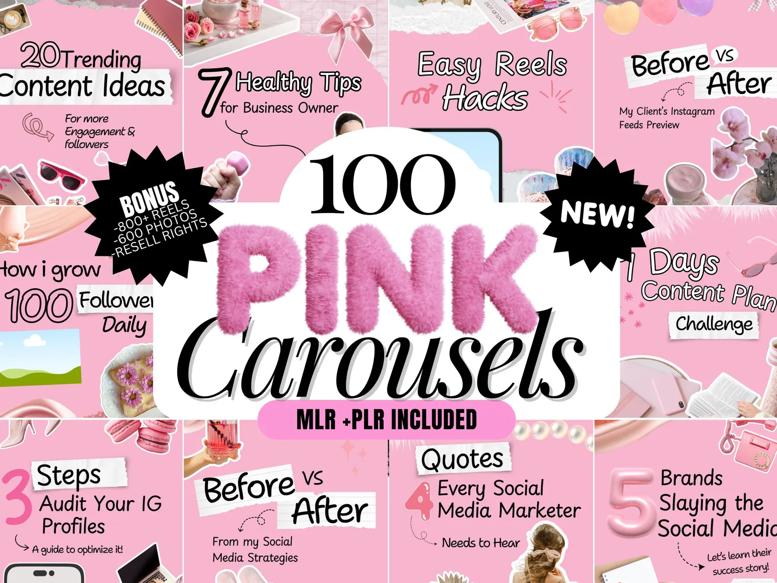 100 Aesthetic Pink Carousel Canva Templates | Resell Rights Included - Image 3