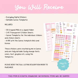 135 Colorful Daily Digital Stickers | Canva Editable | PLR & Master Resell Rights | iPad Sticker Sheets