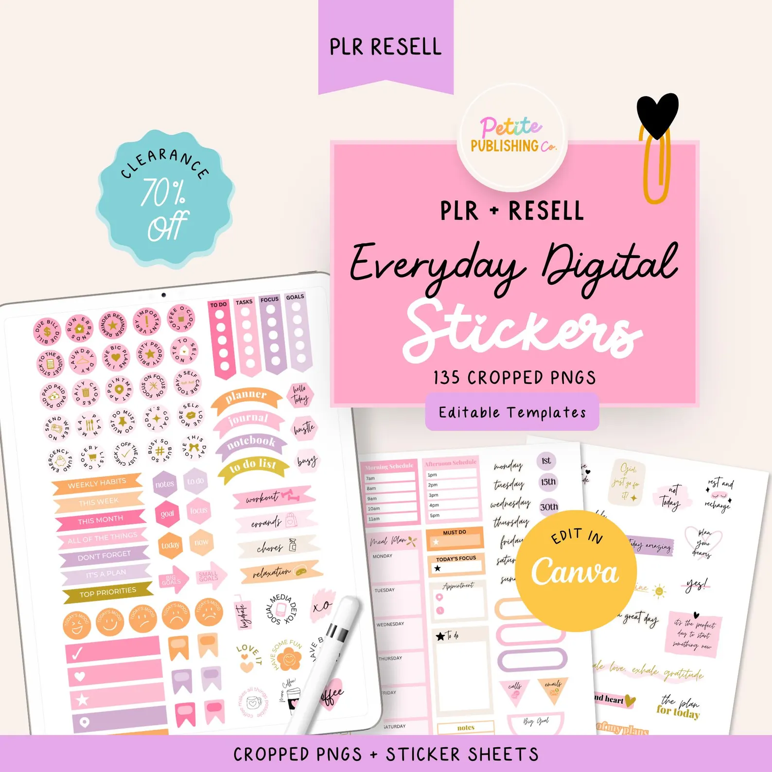 135 Colorful Daily Digital Stickers | Canva Editable | PLR & Master Resell Rights | iPad Sticker Sheets